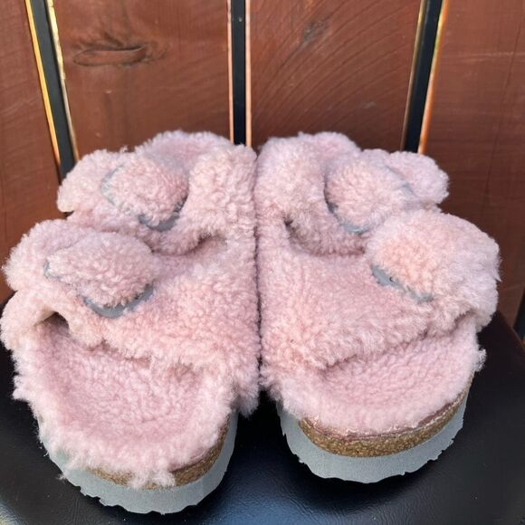 Birkenstock Arizona Teddy Shearling Platform Sandals Pink Big Buckle 40EU - Picture 6 of 9